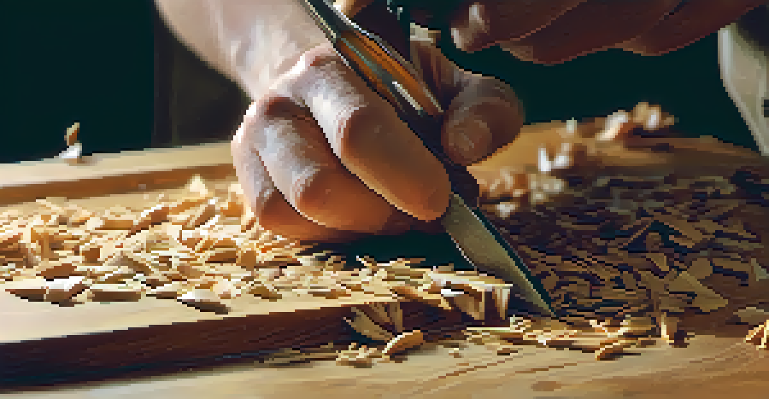 An artist carving oak wood with a chisel, hands visible, surrounded by wood shavings in a warmly lit workshop.