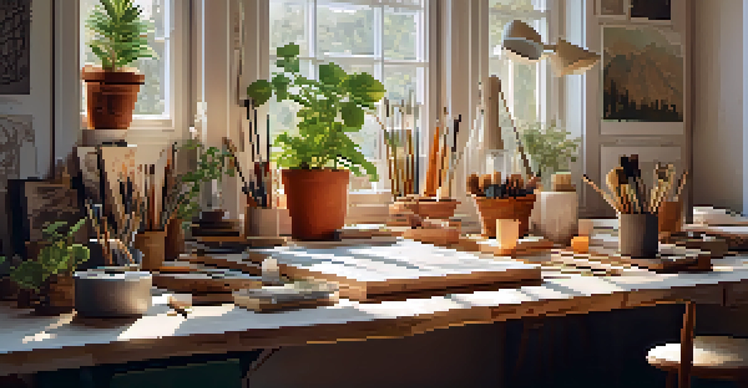 An artist's workspace with eco-friendly carving materials, natural light, and a small plant, creating a warm and inviting atmosphere.