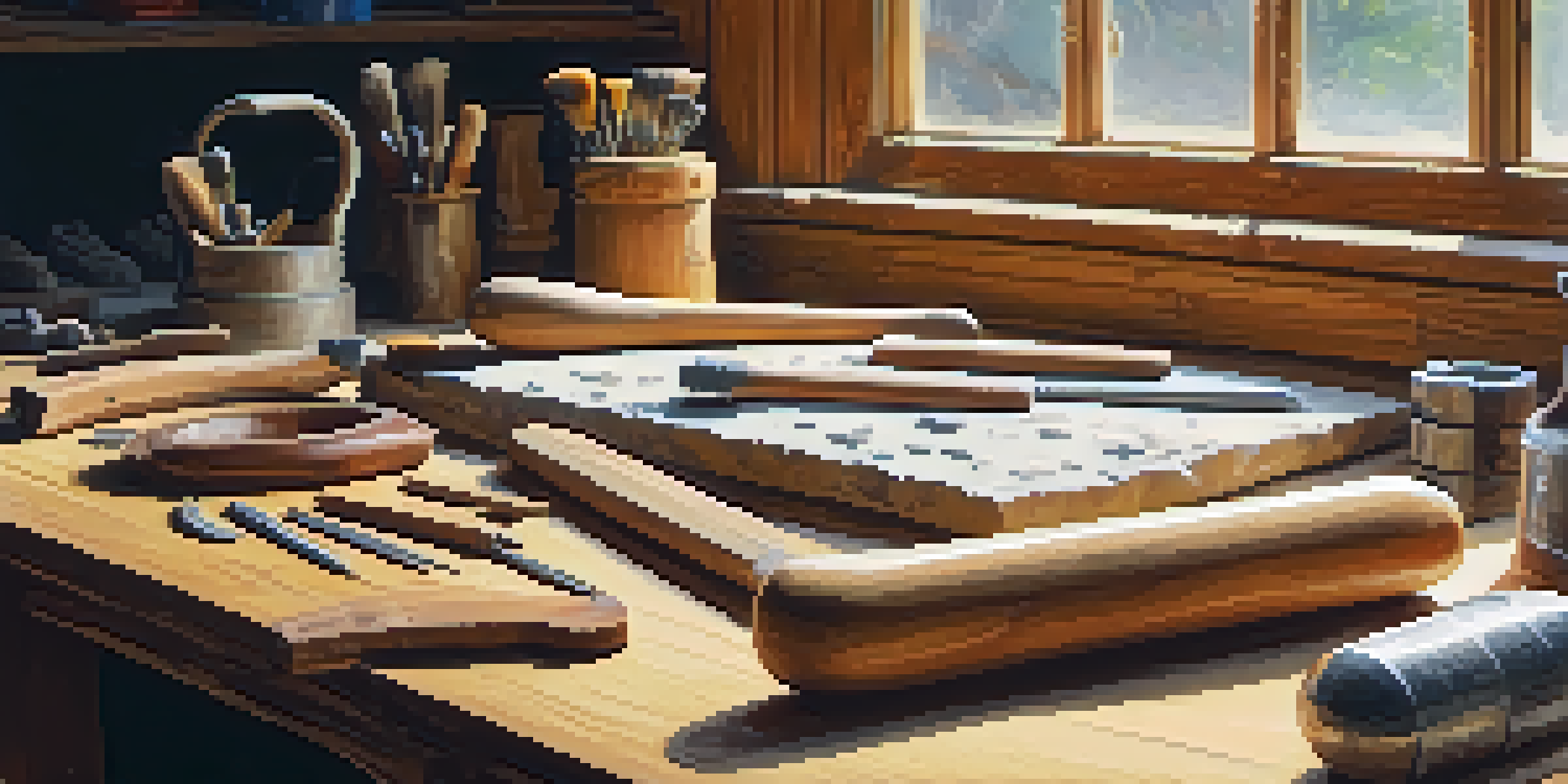 A well-organized stone carving workspace with tools and safety equipment on a wooden table, illuminated by natural light.