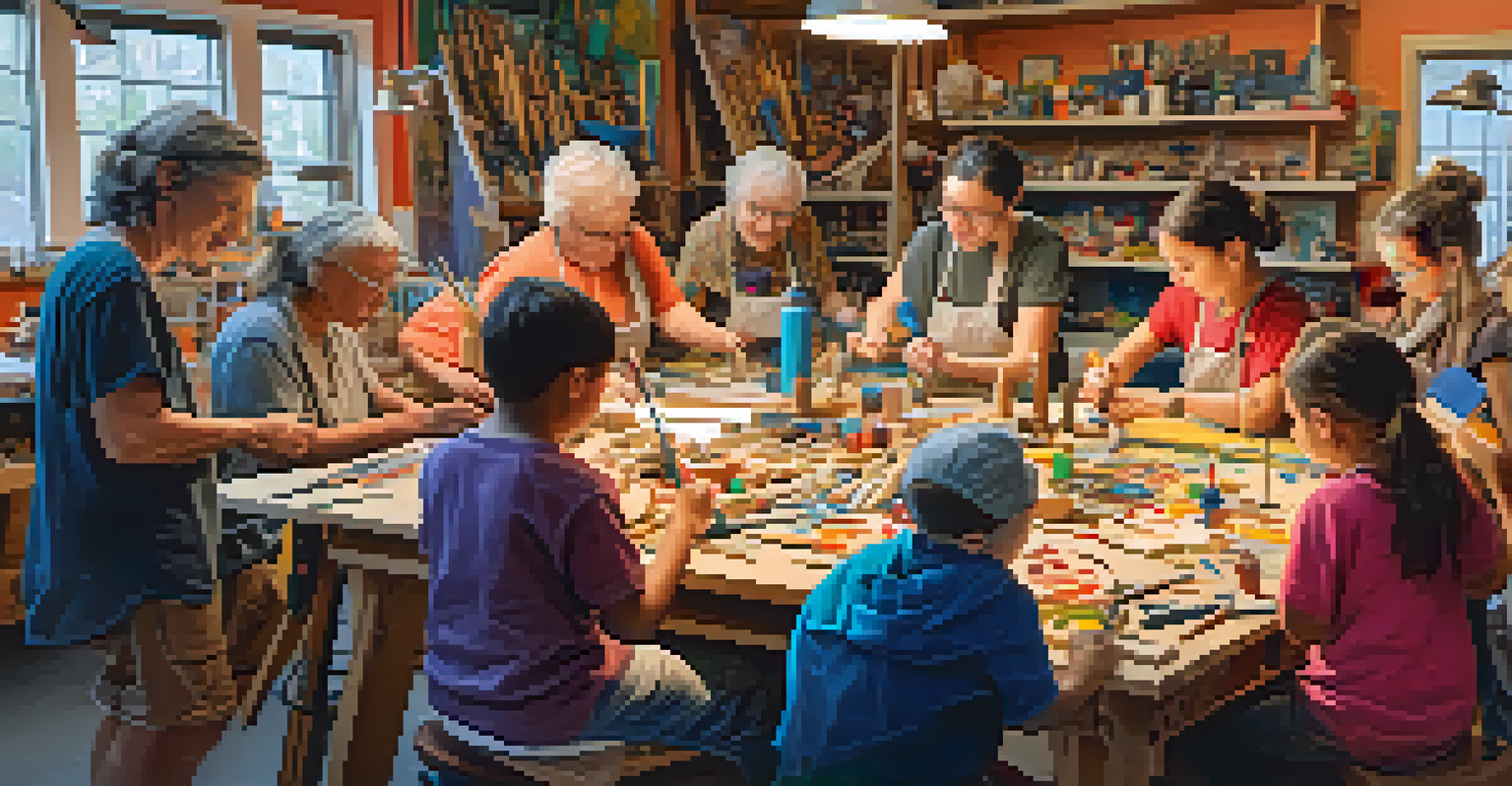 A diverse group of artists, young and old, collaborating on a carving project in a colorful workshop.