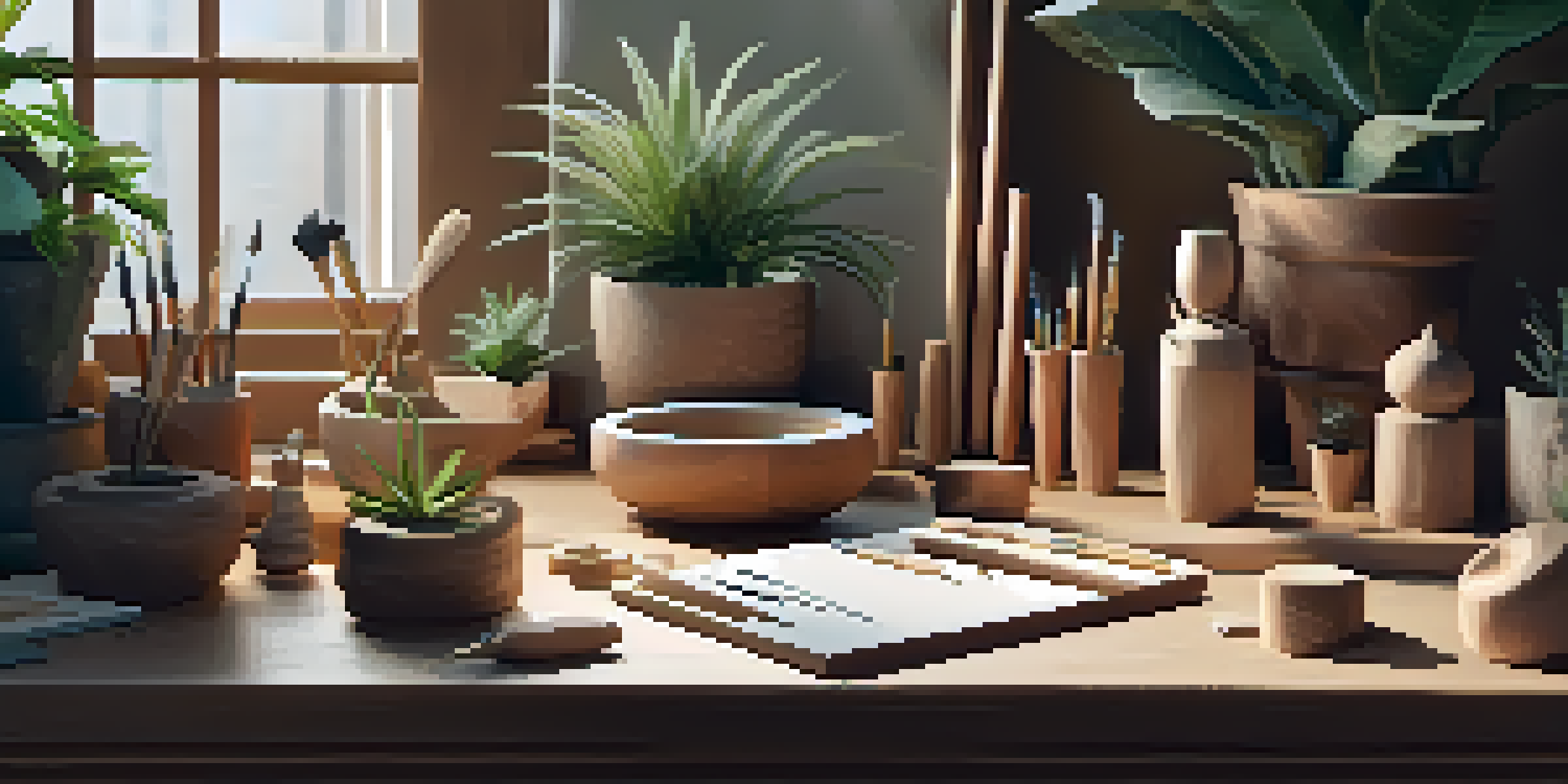 A peaceful carving workspace with a wooden table, tools, and potted plants in soft lighting.