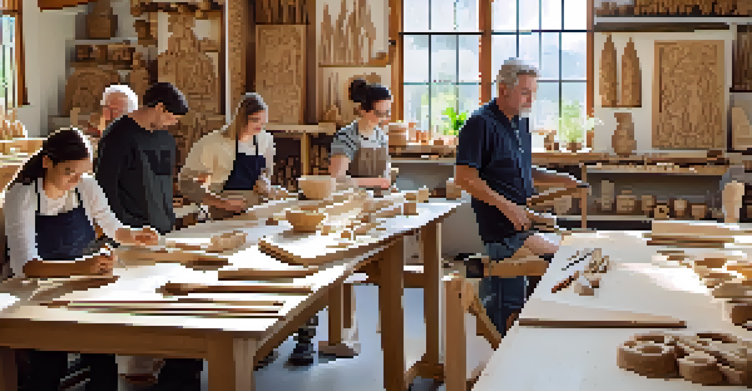 An artisan teaching students about sustainable carving techniques in a bright workshop.