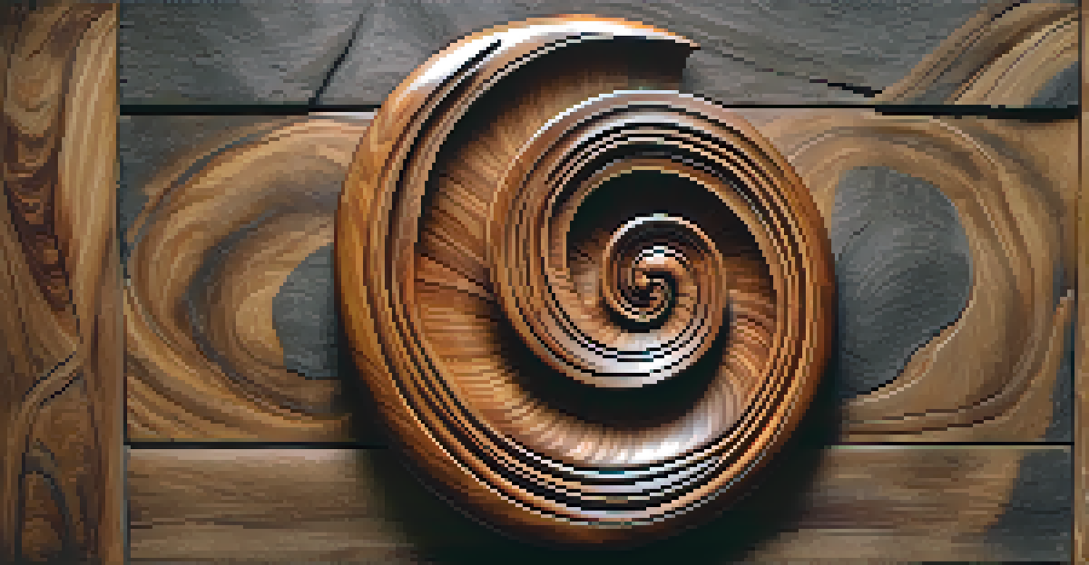 A polished wooden koru spiral carving set against a rustic stone wall, emphasizing its smooth curves and intricate details.