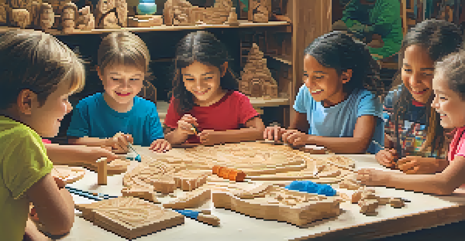 Children working together on a carving project, sharing ideas and materials in a bright setting.