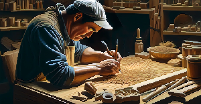 An artisan carving wood in a workshop, with tools and wood shavings around, illuminated by warm light.