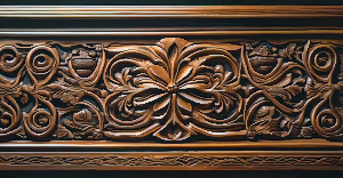 A close-up view of a finely detailed carved wooden artwork on a table, with soft natural light enhancing the intricate carvings.