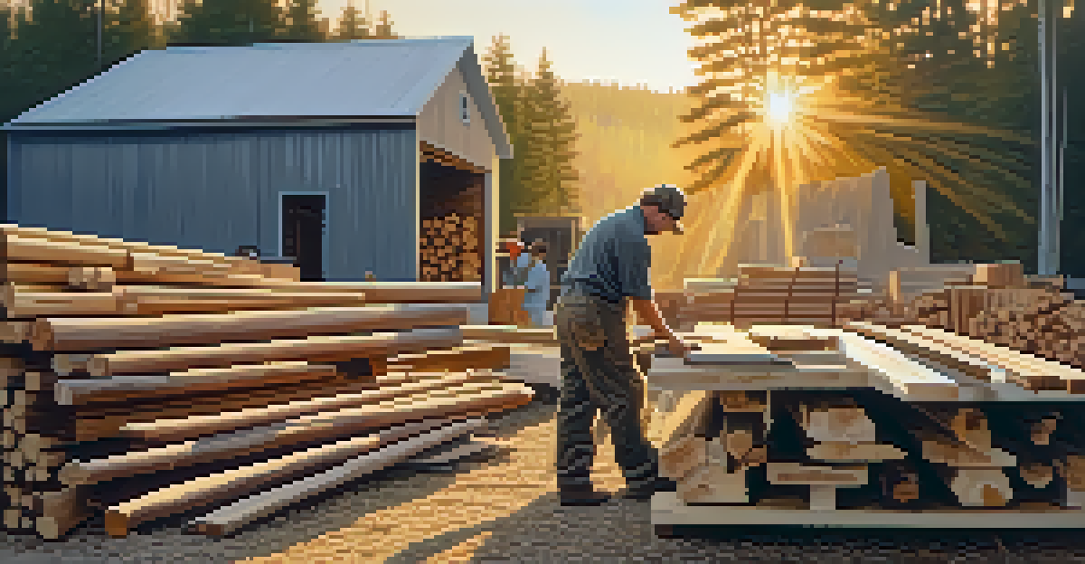 A local lumberyard with stacks of wood types, showing a person inspecting wood as the sun sets in the background.