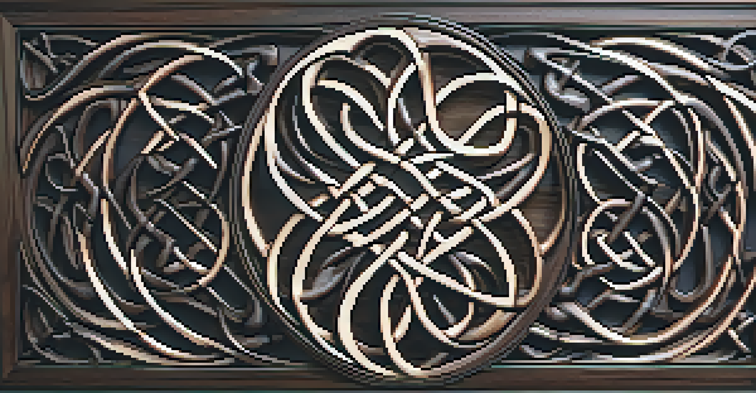 A dark wooden carving featuring intricate Celtic knotwork patterns, illuminated by warm ambient light.