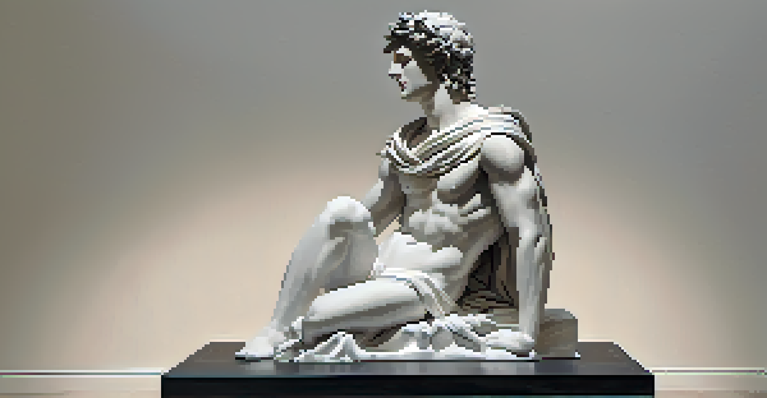 A modern sculpture of Perseus with Medusa's head, made of marble and metal, displayed in a gallery with soft lighting.