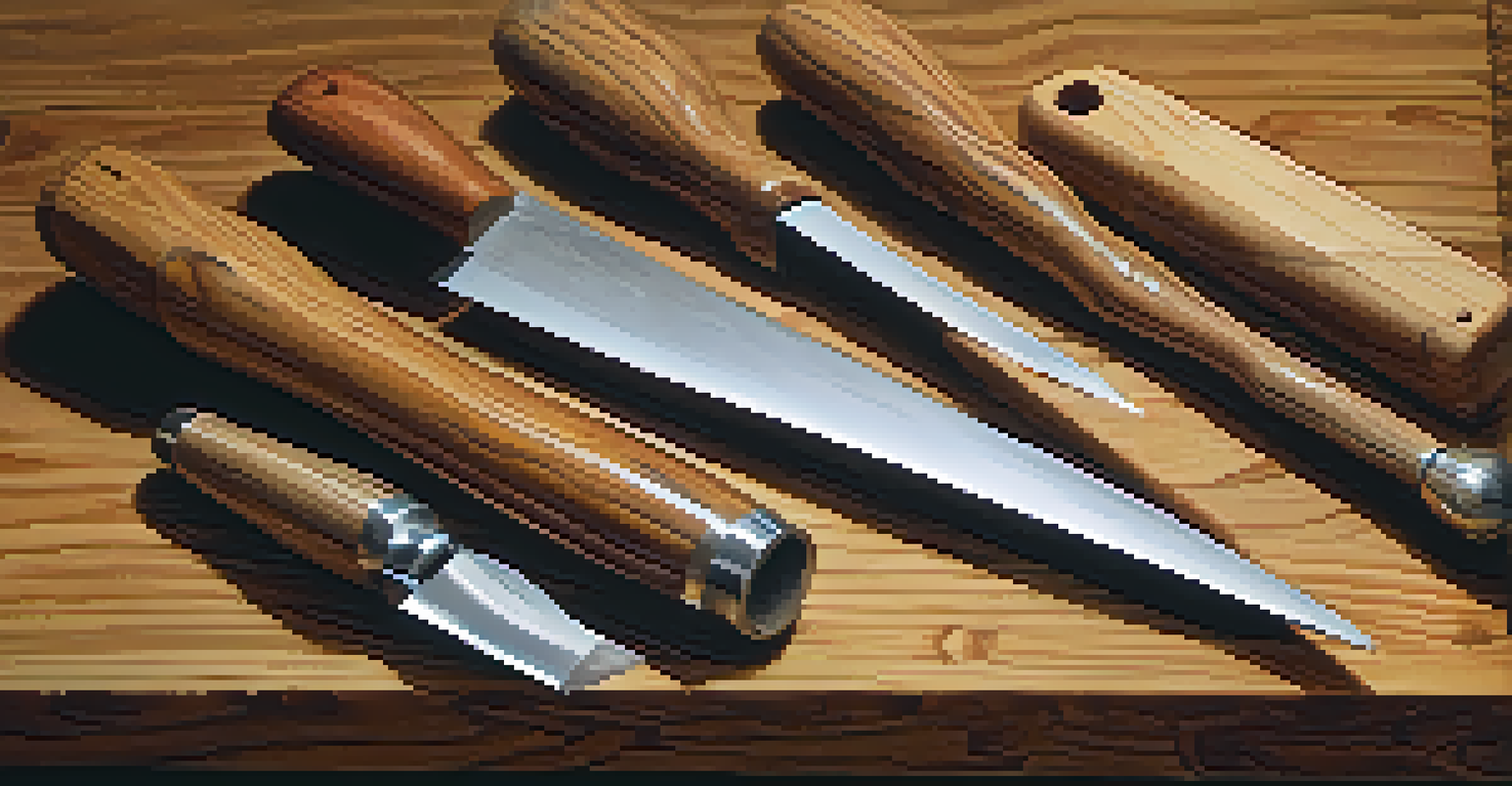 A detailed view of carving tools on a wooden workbench, showcasing chisels, gouges, and a carving knife in warm lighting.