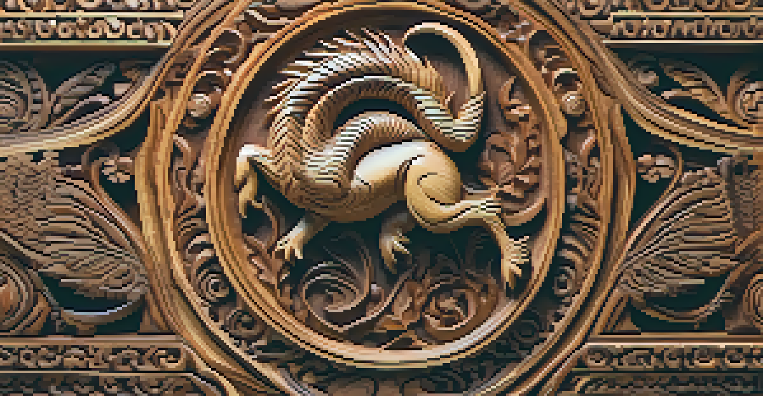 A close-up of a detailed wooden carving of a mythical creature with intricate designs.