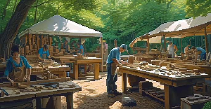 A peaceful forest workshop with artisans carving wood sculptures surrounded by trees and sunlight.