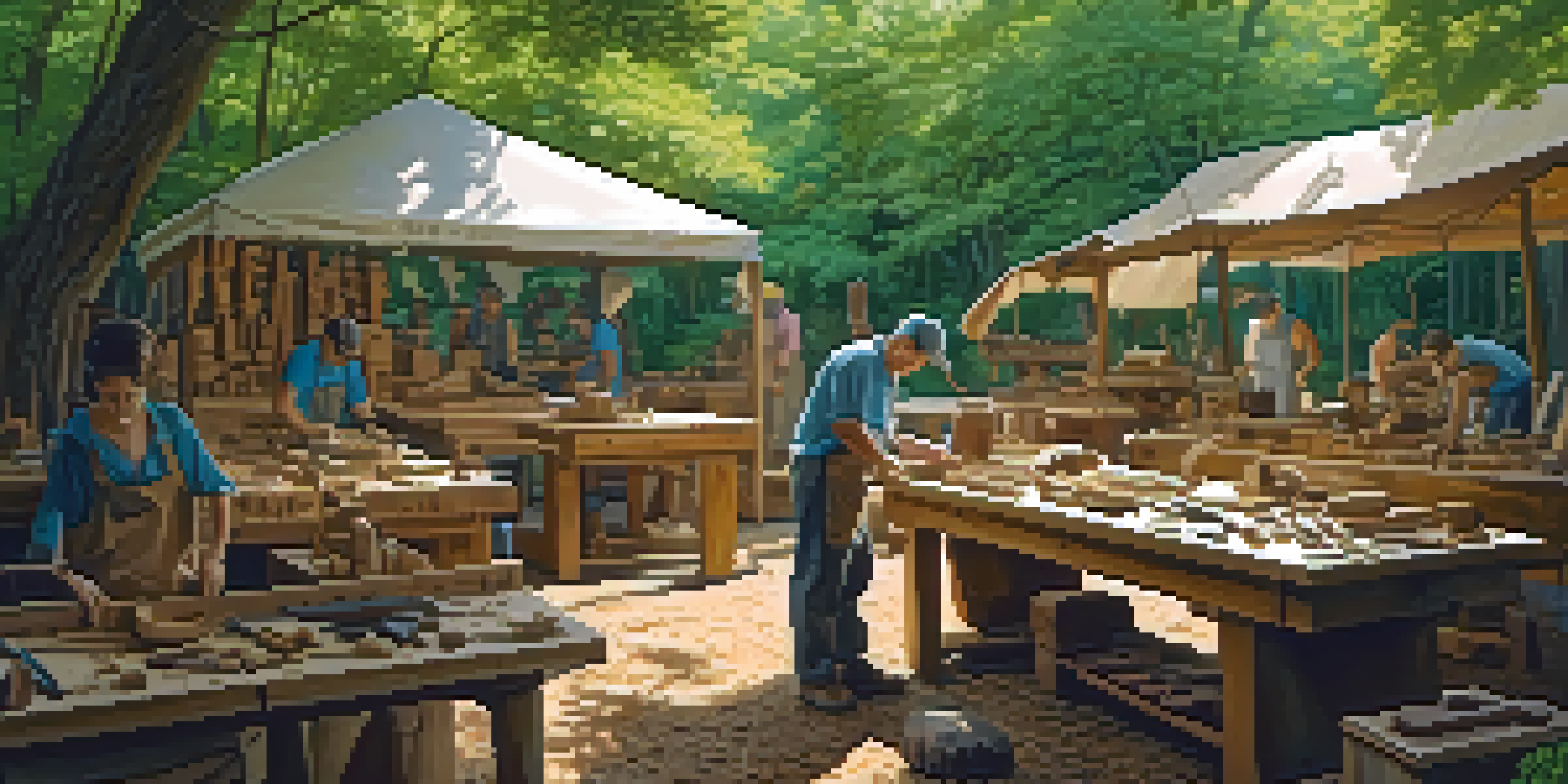 A peaceful forest workshop with artisans carving wood sculptures surrounded by trees and sunlight.