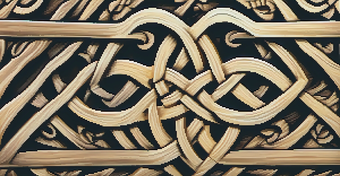 A detailed wooden Celtic knot carving illuminated by soft natural light, set against a blurred forest background.