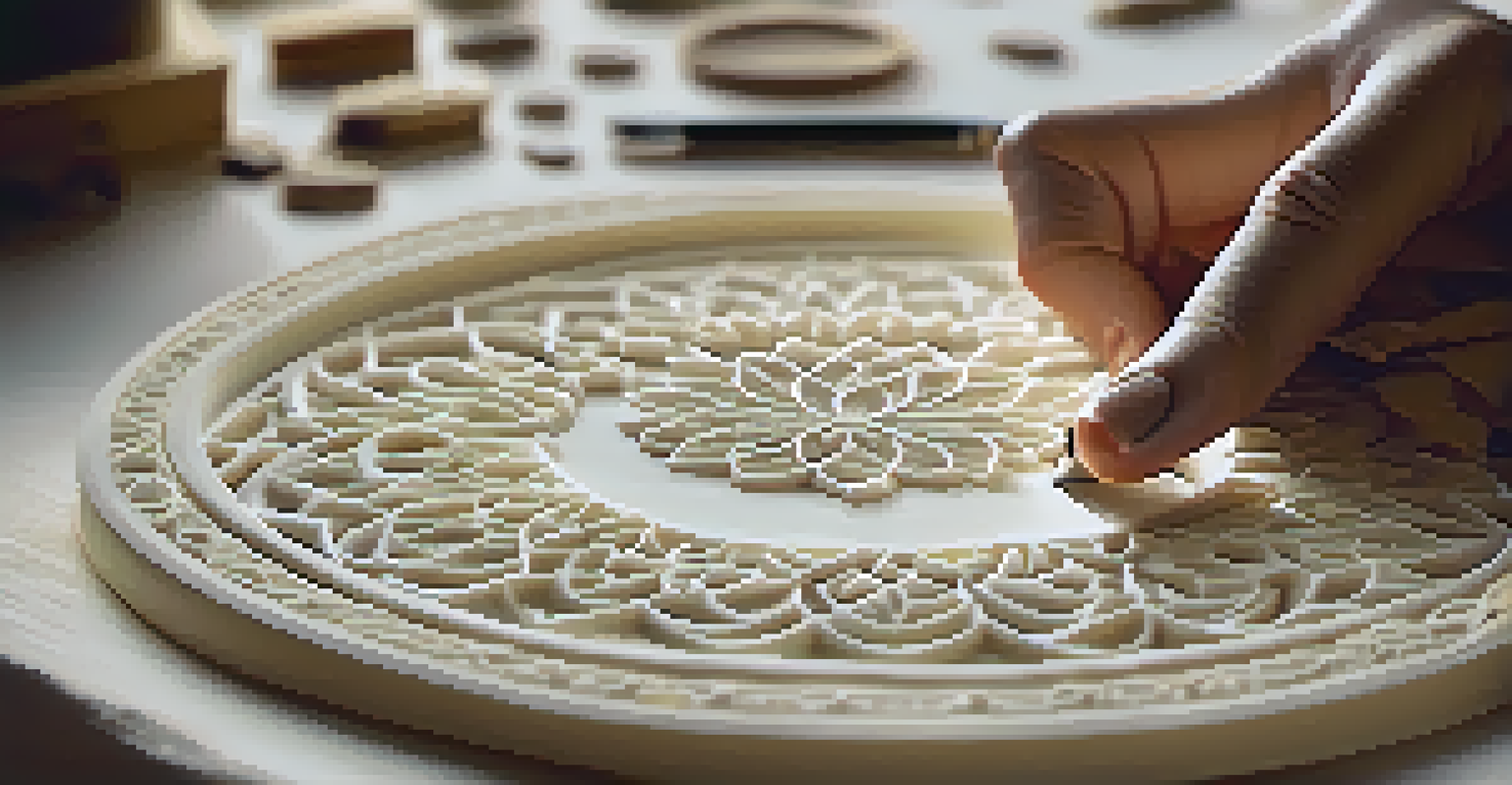 A close-up of a hand carving intricate patterns into ivory, with tools and dust visible.