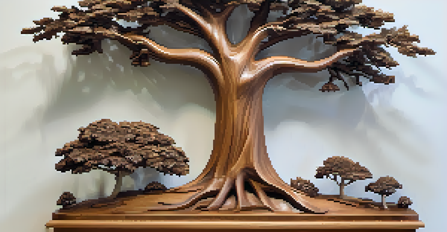 An intricately carved oak family tree sculpture, beautifully detailed with branches and leaves, set against a neutral background.