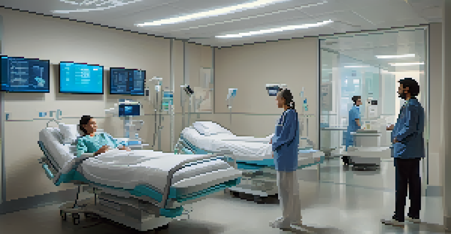 A modern hospital room with a doctor interacting with holographic patient data, creating a calming atmosphere.