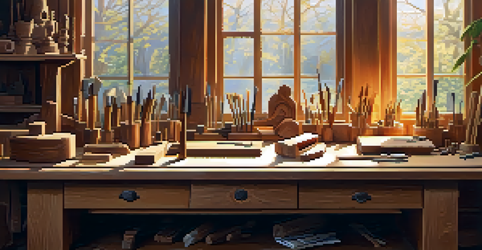 A woodworking workshop with a workbench full of carving tools, sunlight streaming in, and a partially carved wooden sculpture.