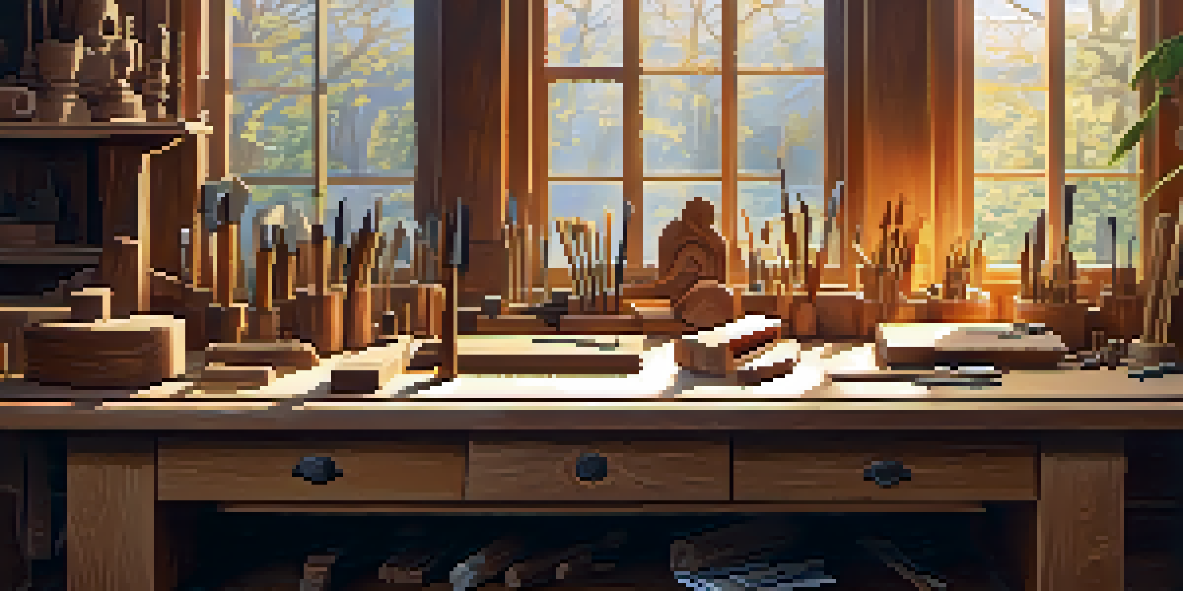 A woodworking workshop with a workbench full of carving tools, sunlight streaming in, and a partially carved wooden sculpture.