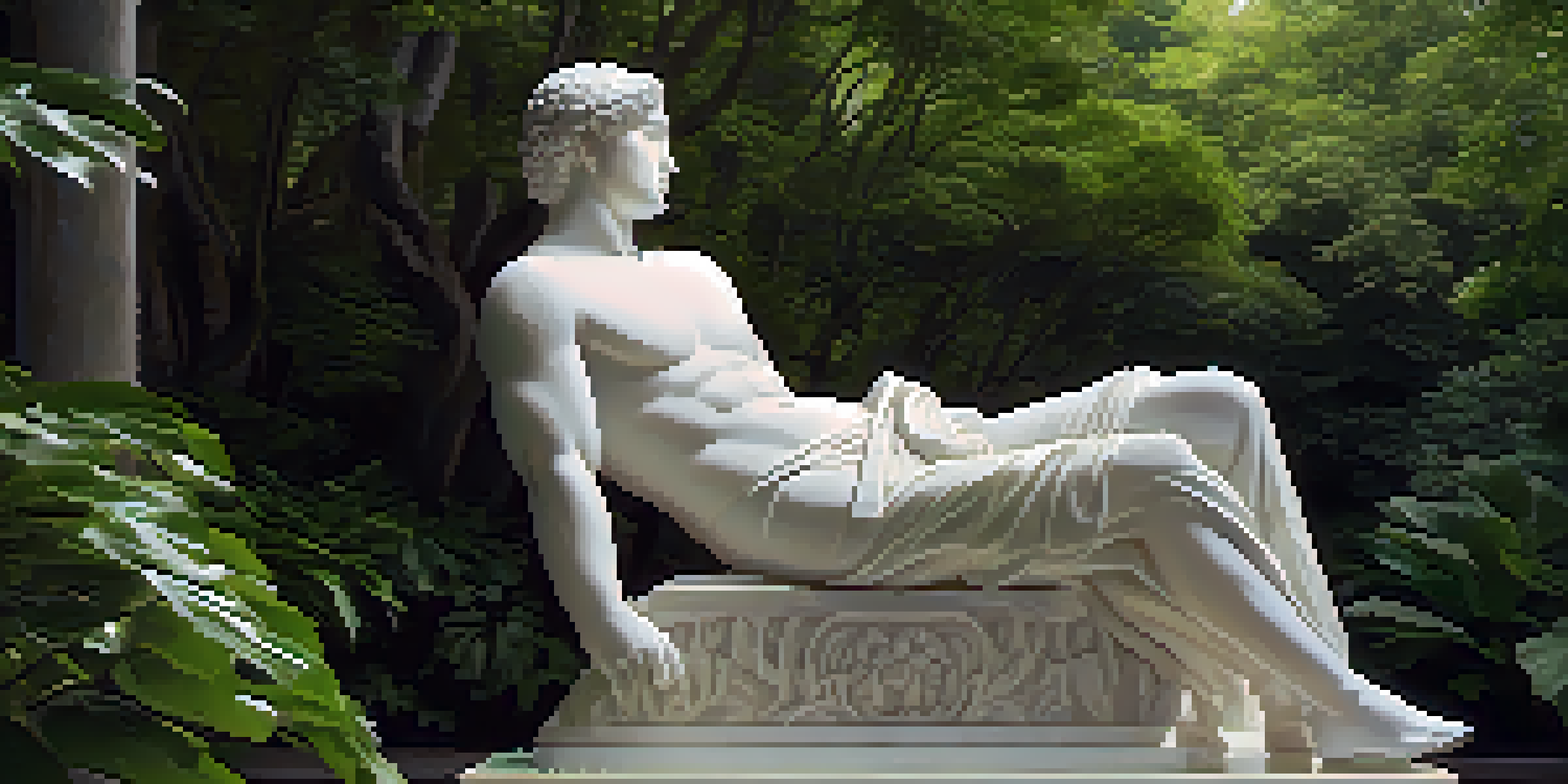 A white marble sculpture of a human figure surrounded by green foliage, illuminated by soft lighting.