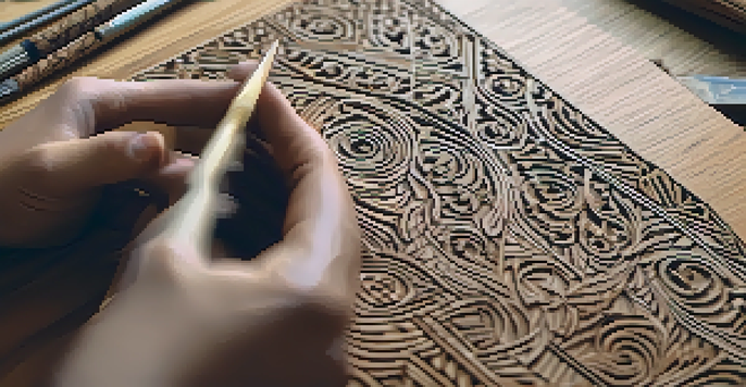 Close-up of a student's hands carving intricate patterns into wood, with tools nearby and detailed wood texture visible.