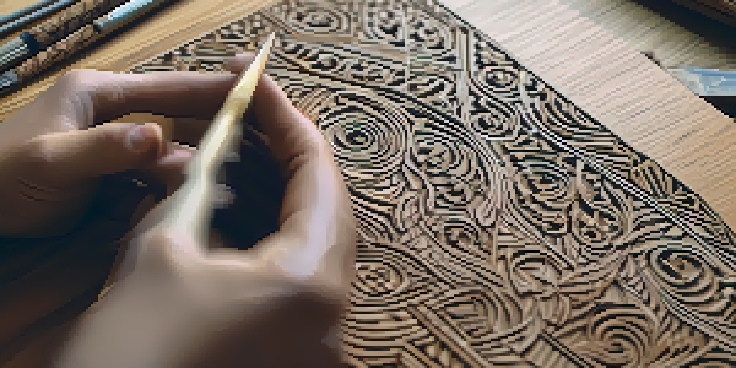 Close-up of a student's hands carving intricate patterns into wood, with tools nearby and detailed wood texture visible.