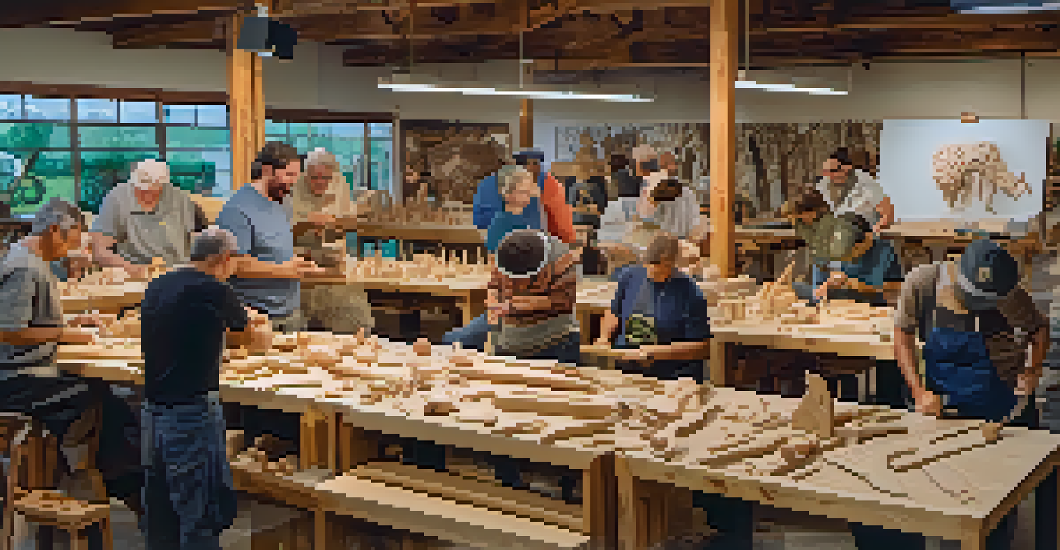 A lively community workshop where individuals are engaged in carving, sharing ideas and showcasing their creations.