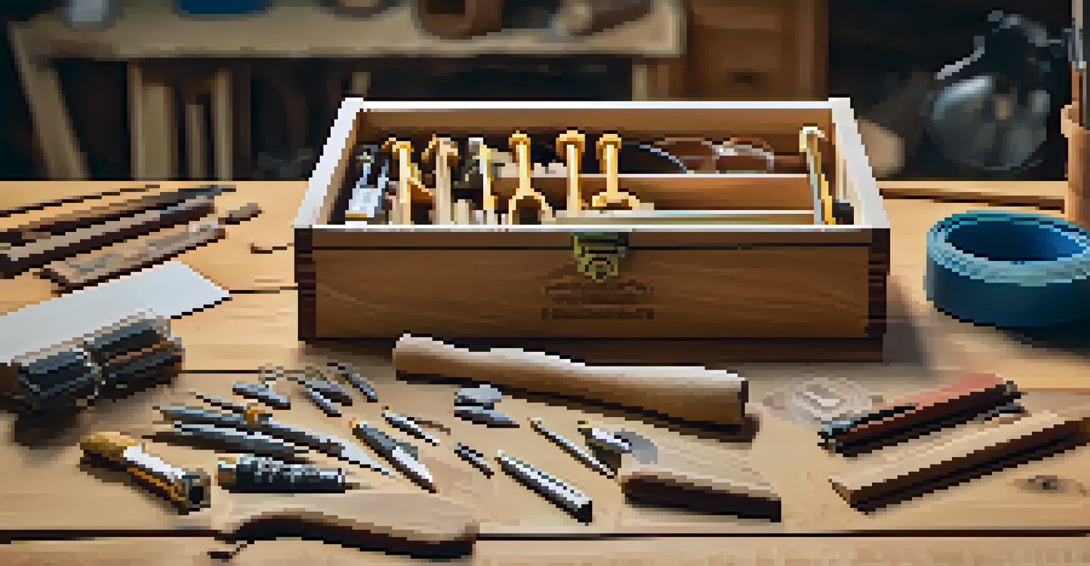 A toolbox showcasing various wood carving tools and safety gear, with a blurred wood carving project in the background.