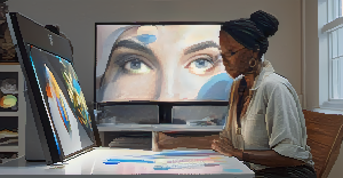 A digital sculptor focuses on her work in a modern studio, using a graphics tablet and surrounded by screens showing character models, with ambient lighting and vibrant designs around her.