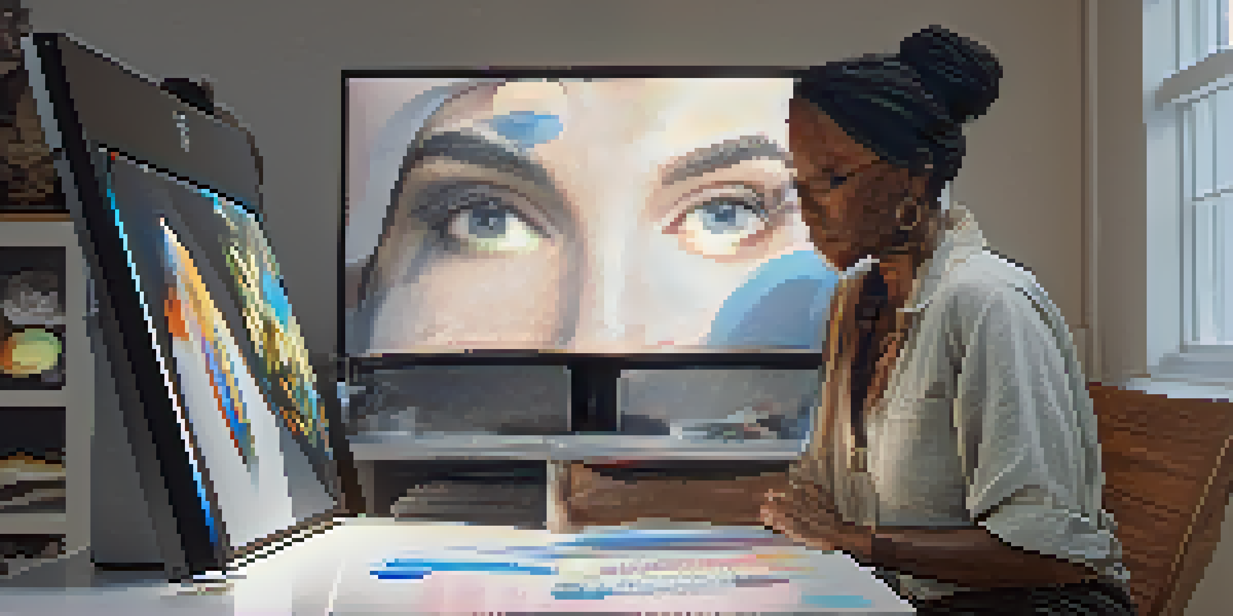 A digital sculptor focuses on her work in a modern studio, using a graphics tablet and surrounded by screens showing character models, with ambient lighting and vibrant designs around her.