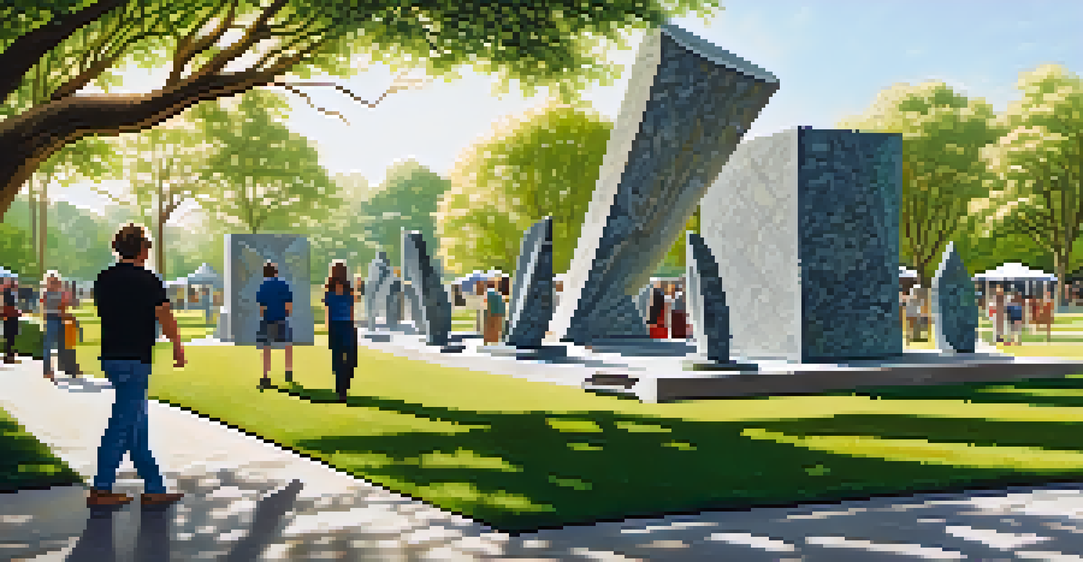 An outdoor park exhibition with large granite sculptures surrounded by greenery, showcasing intricate designs and visitors enjoying the art.