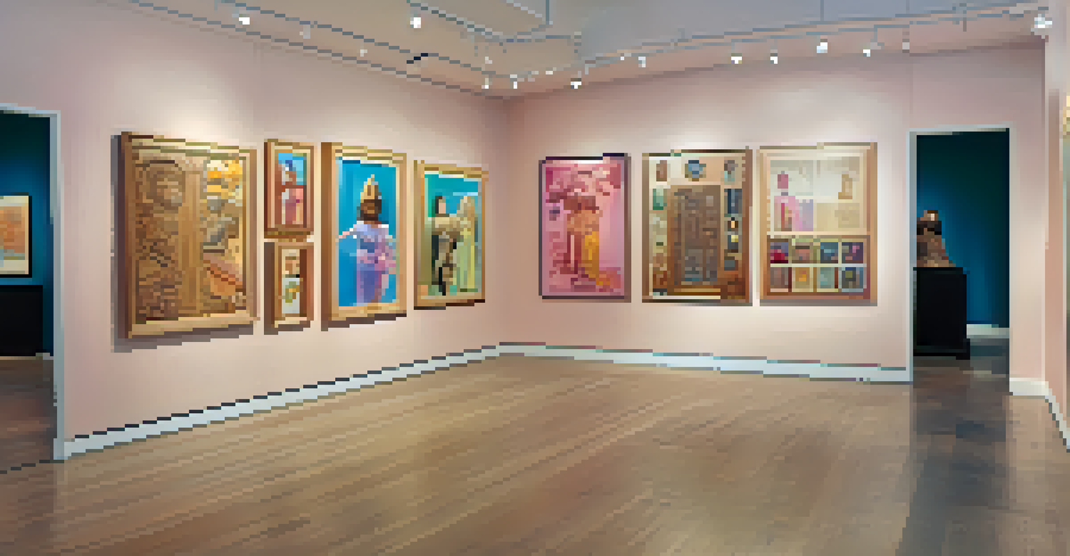 A gallery display of carved artworks reflecting diverse gender identities, beautifully lit to highlight intricate details.