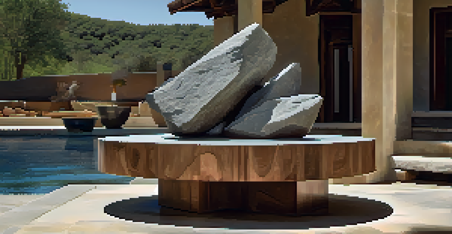 A combined art piece featuring a wooden base and a stone sculpture, highlighted by dramatic lighting to showcase their textures.