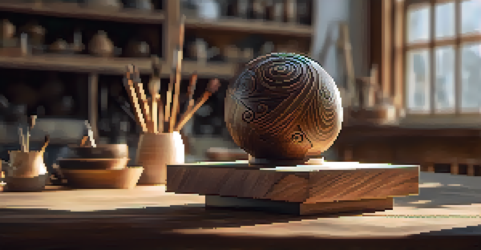 A beautifully carved wooden sculpture on a rustic table, illuminated by soft sunlight, with a cozy workshop in the background.
