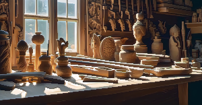 A wood carving workshop with tools and partially finished sculptures illuminated by soft sunlight.