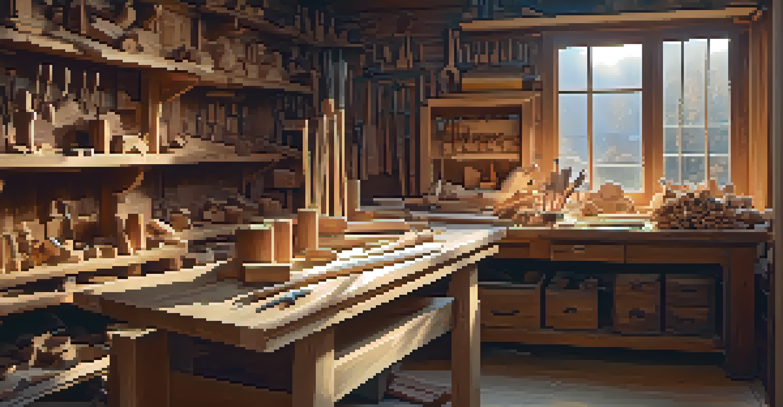 A cozy workshop with wooden carving tools and a partially carved wooden figure on a workbench, illuminated by warm sunlight.