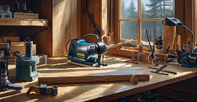 A woodworking workspace with various power tools and safety gear, illuminated by natural light.