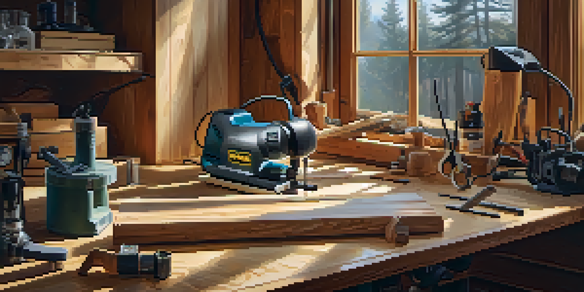 A woodworking workspace with various power tools and safety gear, illuminated by natural light.