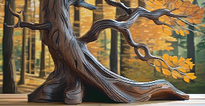 A wooden sculpture of a tree with intricate details and natural lighting, set against a blurred forest background.