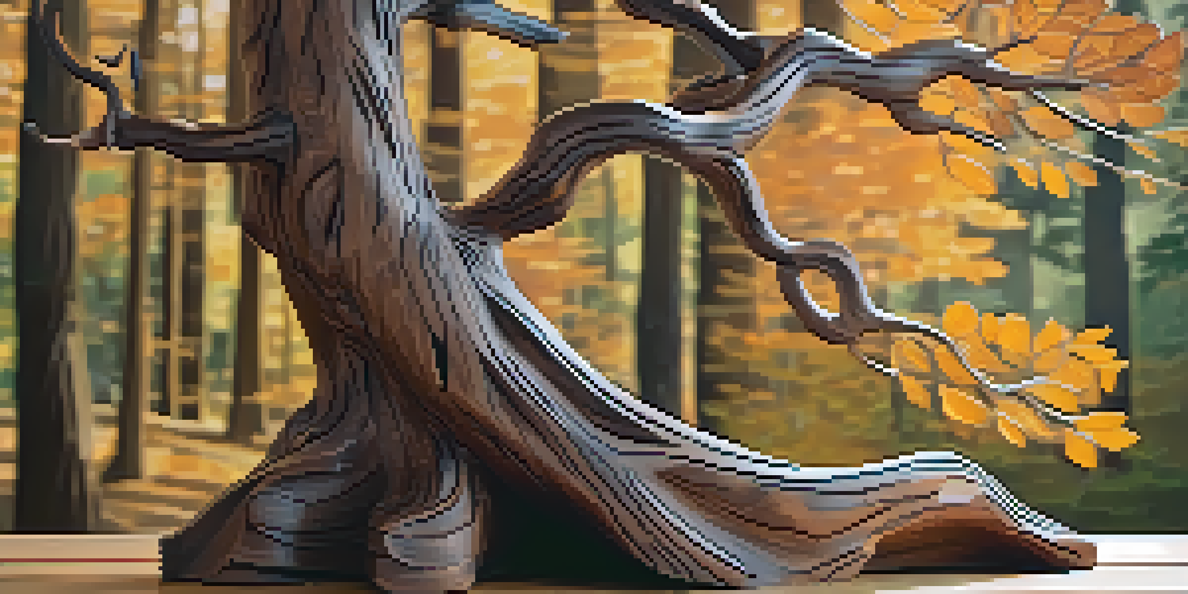 A wooden sculpture of a tree with intricate details and natural lighting, set against a blurred forest background.