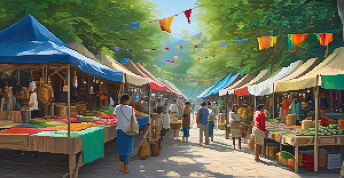 A bustling artisan market filled with vibrant handcrafted goods including textiles and pottery, with artisans demonstrating their crafts in a lively environment.