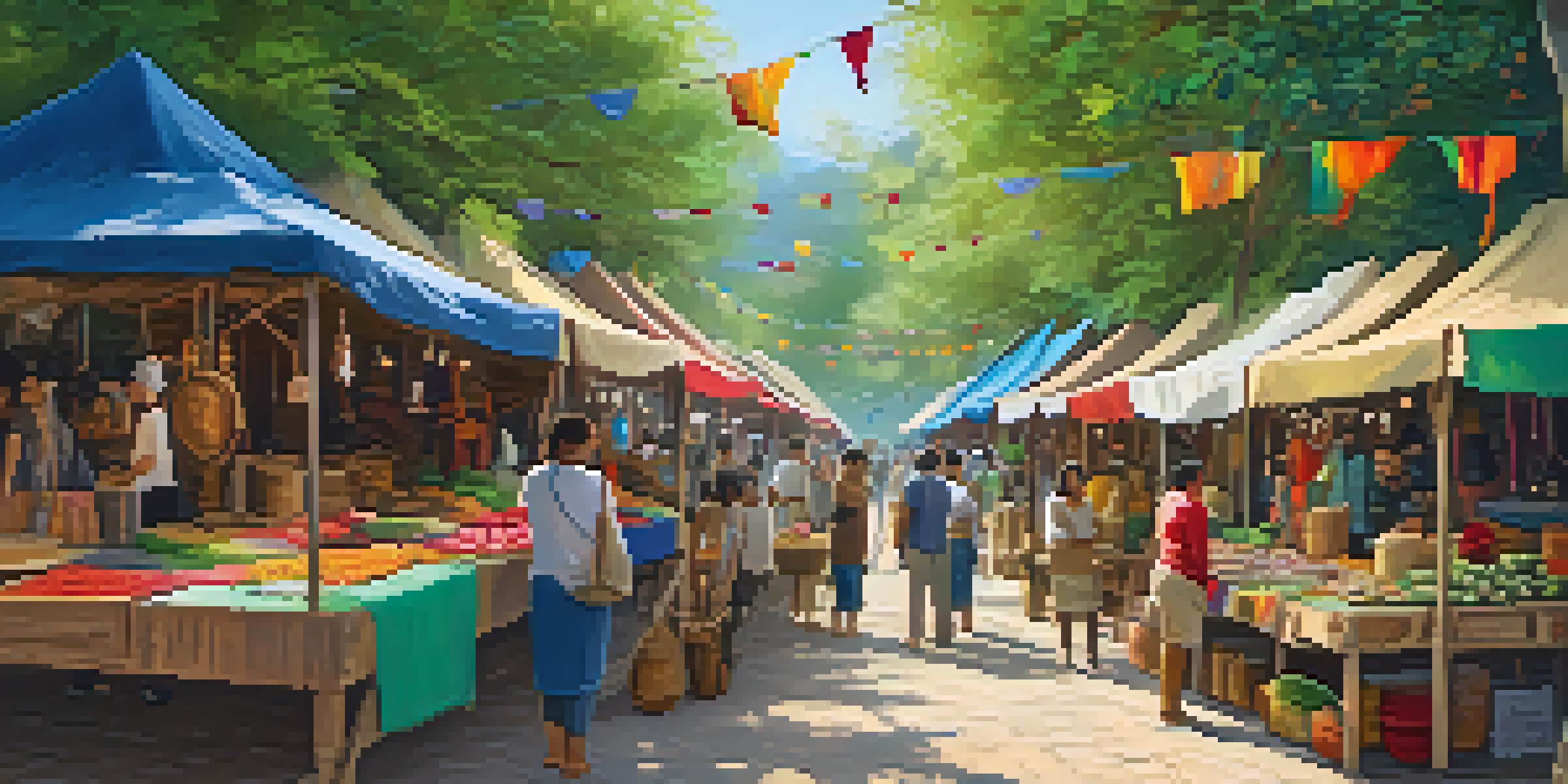 A bustling artisan market filled with vibrant handcrafted goods including textiles and pottery, with artisans demonstrating their crafts in a lively environment.