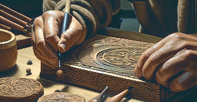 An artisan's hands carving a wooden sculpture, with various tools scattered around the workbench, illuminated by warm light.