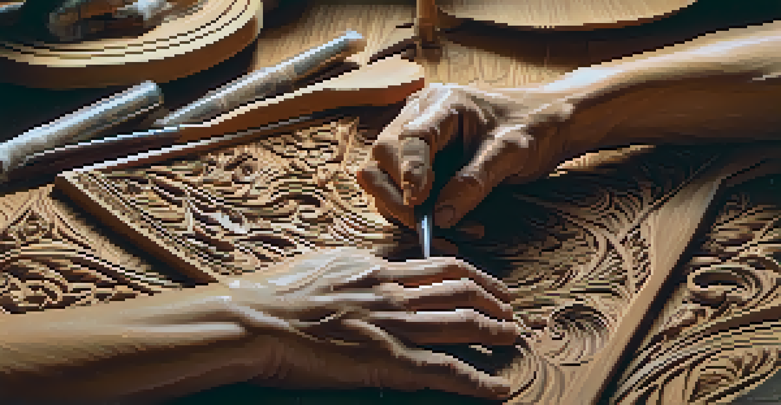 Close-up of a woodcarver's hands using tools to carve an ornate design into wood, with shavings around and a focus on the craftsmanship.