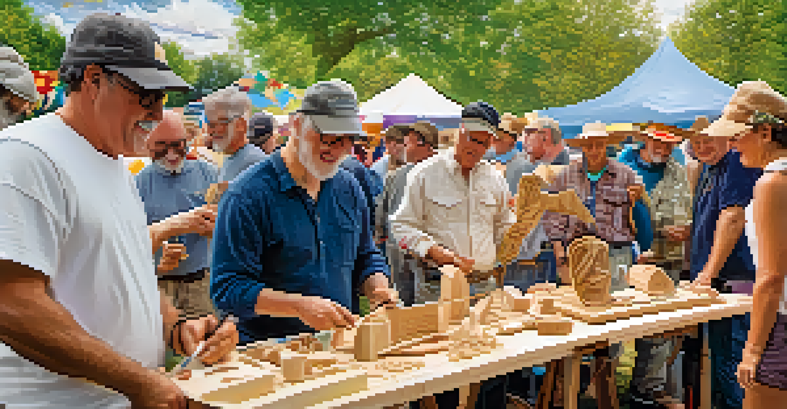 Local artists demonstrating carving techniques at a community event, surrounded by an engaged audience and colorful decorations.