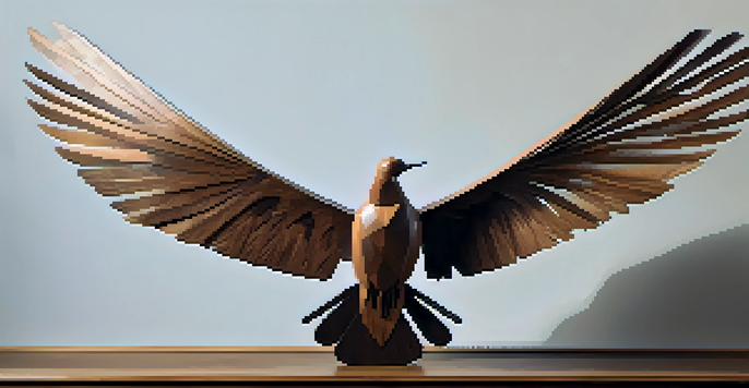 A wooden bird sculpture with detailed wings, contrasting smooth and jagged textures, illuminated by soft natural light.