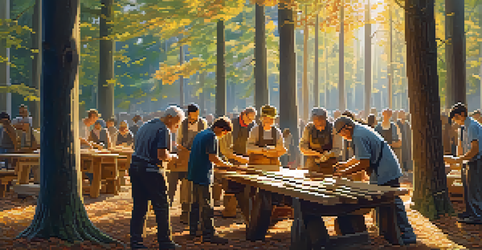 A peaceful wood carving workshop in a forest, showcasing artisans of different ages working on wooden sculptures with sunlight filtering through the trees.