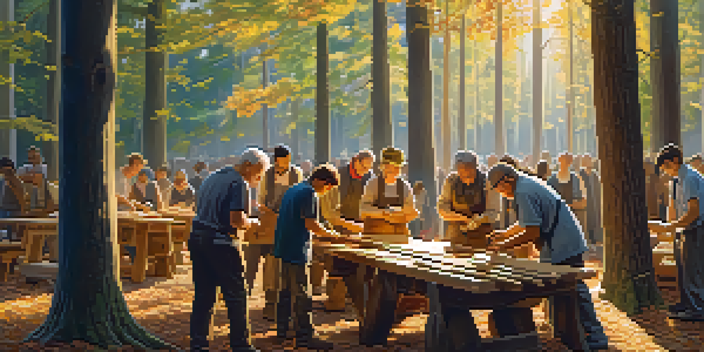 A peaceful wood carving workshop in a forest, showcasing artisans of different ages working on wooden sculptures with sunlight filtering through the trees.