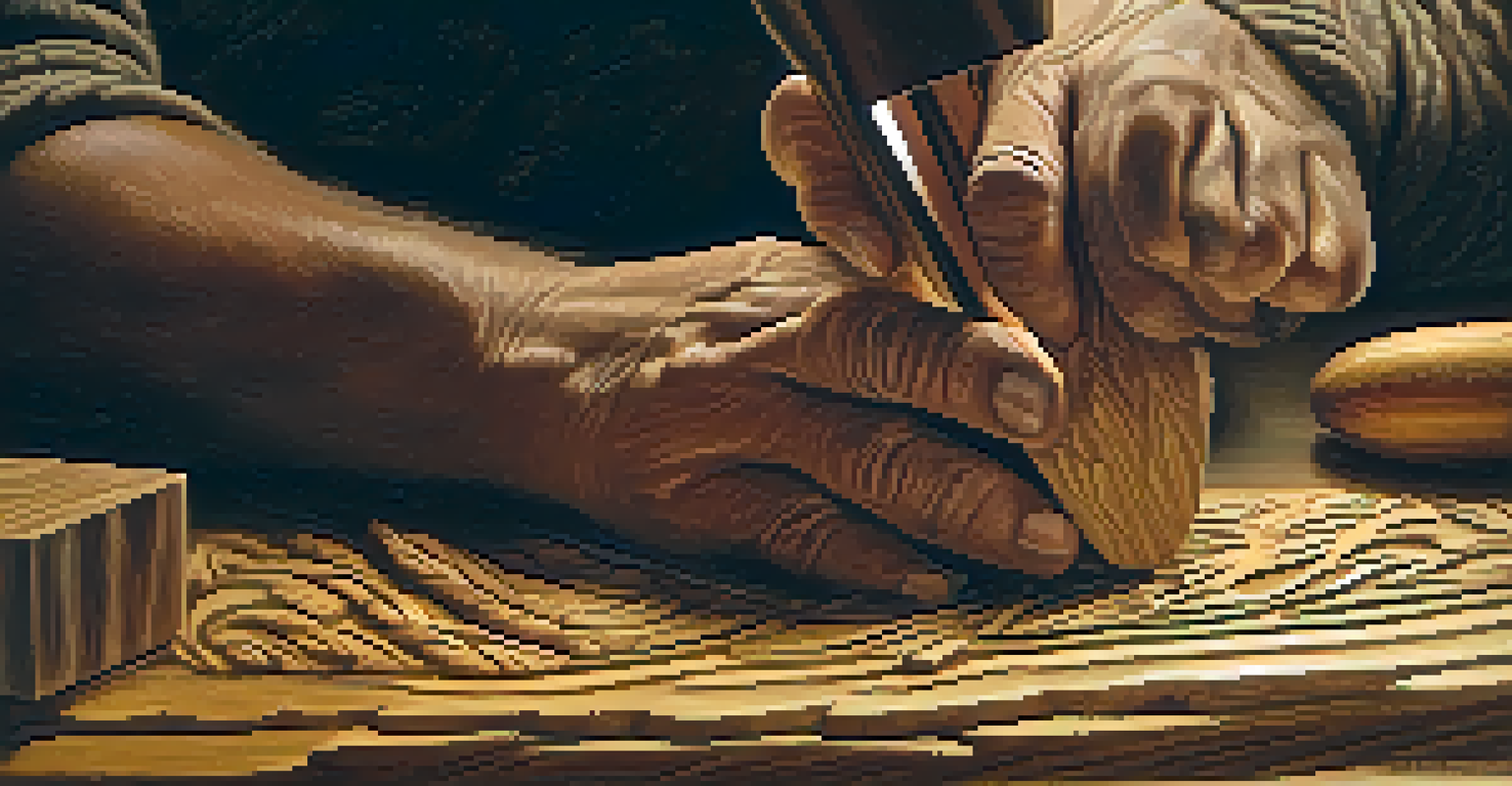 Close-up of skilled hands carving intricate patterns into wood, with wood shavings and warm light enhancing the textures.