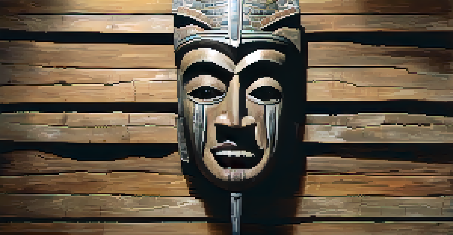 A striking stone mask with deep carvings, set against a wooden wall, highlighted by dramatic lighting.